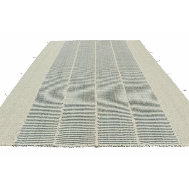 2010s Rug & Kilim’s Contemporary Kilim, Textural White and Slate Blue Stripes For Sale - Image 5 of 7