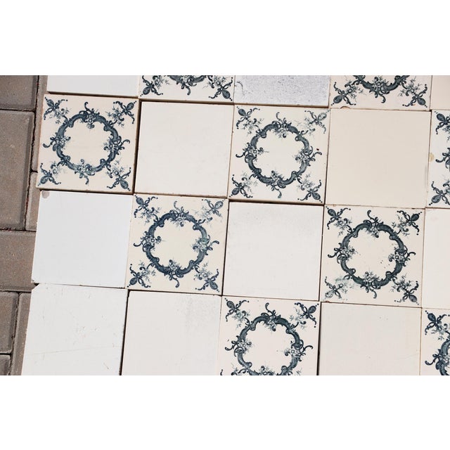 1920s 1920s Portuguese Antique Large Art Deco Floral & Plain White Tiles Set of 60 For Sale - Image 5 of 14