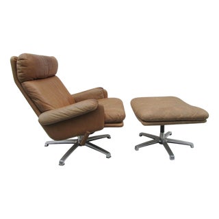 Set of Mid-Century Leather High Back Swivel Armchair with Ottoman, 1960s For Sale