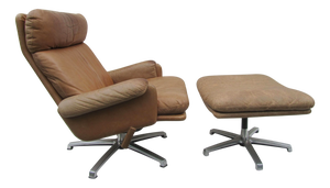 Set of Mid-Century Leather High Back Swivel Armchair with Ottoman, 1960s
