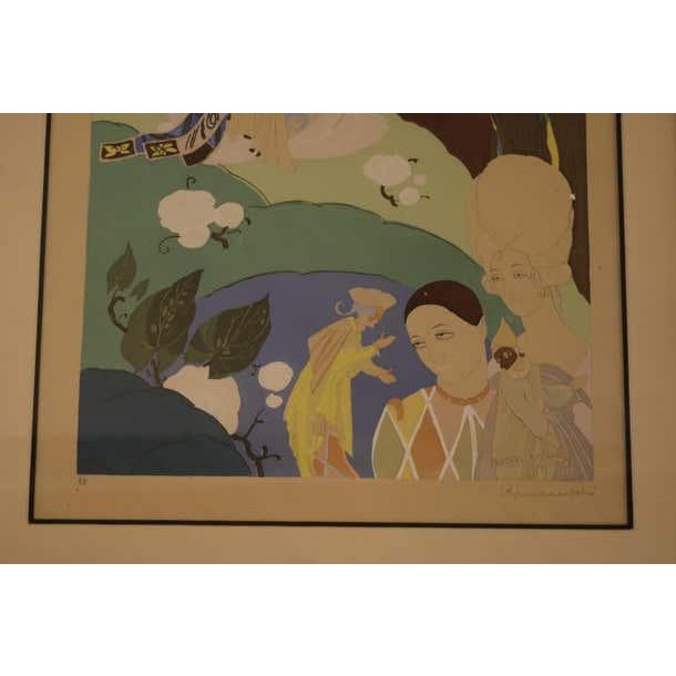 The background of this intricate lithograph and watercolor from France depicts a geisha playing a musical instrument,...
