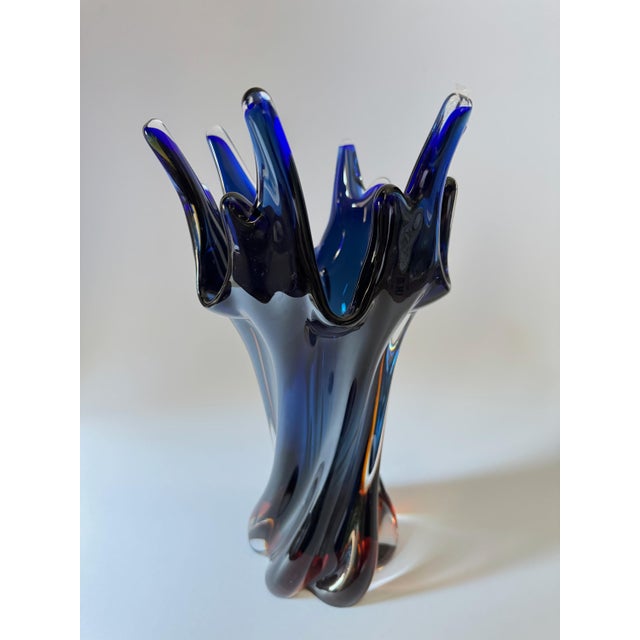 Cobalt Blue Bohemian Art Glass Sculptural Vase with Amber Base from Egermann, 1980s For Sale - Image 14 of 14