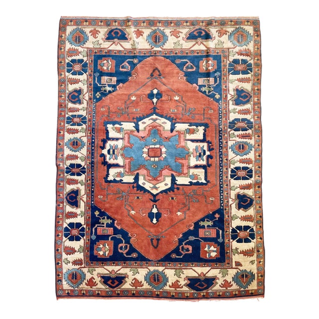 1950's Vintage Turkish Serapi Design Rusty Terracotta, Army Green & Sky Blue Rug 7.3 X 10 For Sale