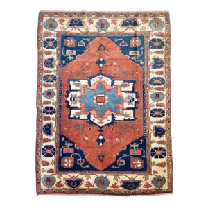 1950's Vintage Turkish Serapi Design Rusty Terracotta, Army Green & Sky Blue Rug 7.3 X 10