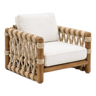 Organic Modern Rope & Solid Teak Lounge Chair With Ivory Cushions For Sale