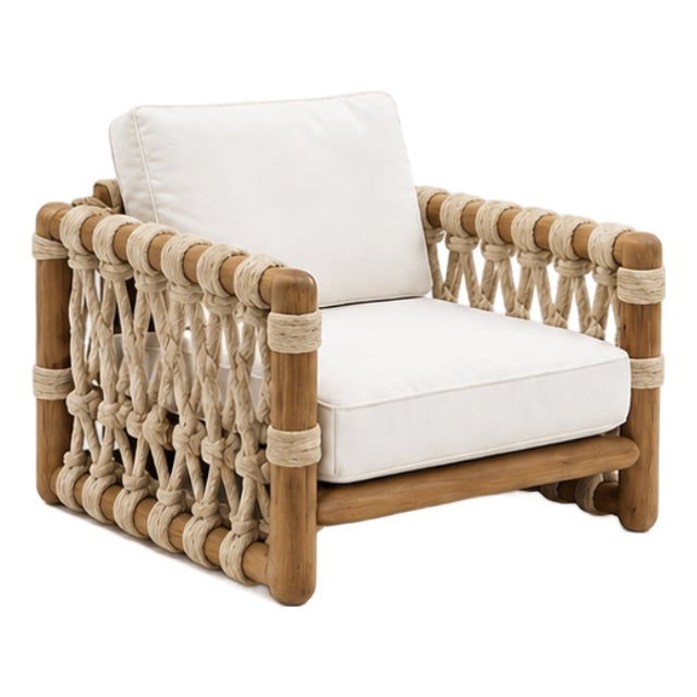 Organic Modern Rope & Solid Teak Lounge Chair With Ivory Cushions For Sale