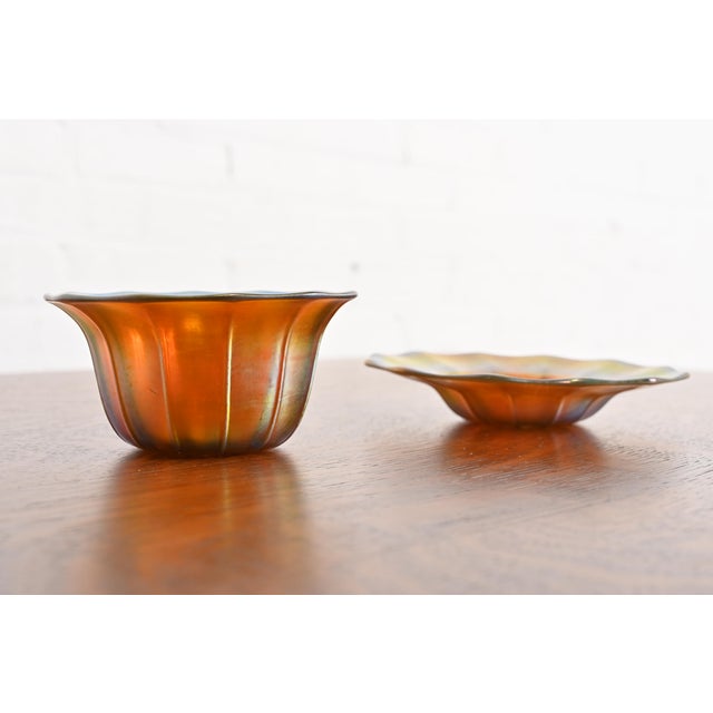 Steuben Glass Steuben Aurene Iridescent Art Glass Finger Bowl With Underplate For Sale - Image 4 of 10