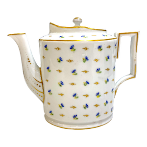 Exquisite 18th/19th Century French Porcelain Teapot Decorated With Cornflower and Gold Leaves Pattern, Possibly Dihl Et Guérhard