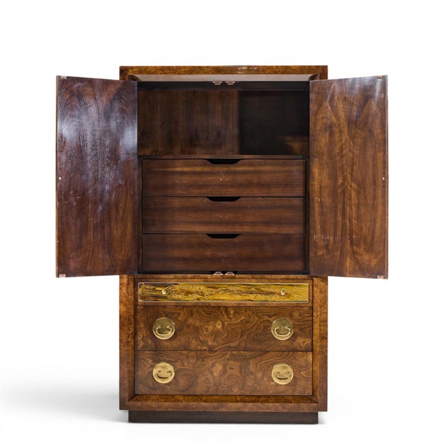 Bernhard Rohne for Mastercraft Mid Century Burlwood and Acid Etched Brass Armoire Dresser For Sale - Image 9 of 9
