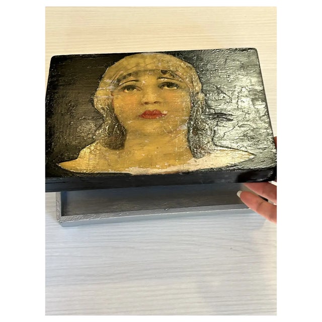 1920s 1920s Art Deco Original Portrait Painting on Box For Sale - Image 5 of 8