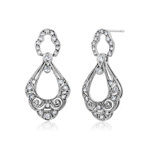 Platinum Vintage Openwork Filigree Drop Earrings With 0.50ct Diamonds, A Pair For Sale - Image 4 of 10