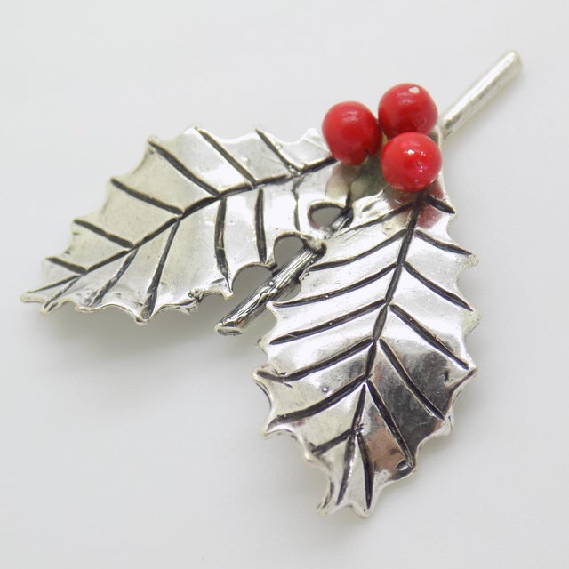 1980s Vintage Italian Handmade Genuine Silver Holly Miniature Figurine Christmas Decorative Miniature For Sale - Image 5 of 8