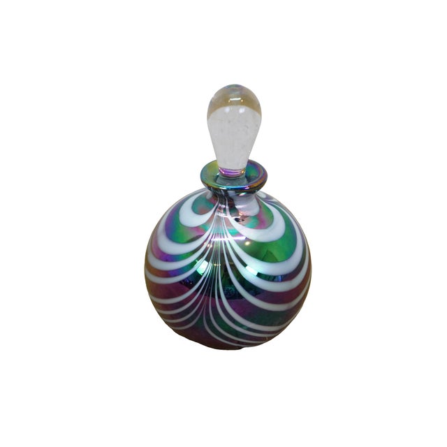 Abstract Vintage Iridescent Art Glass Pulled Feather Perfume Bottle & Applicator 5" For Sale - Image 3 of 15