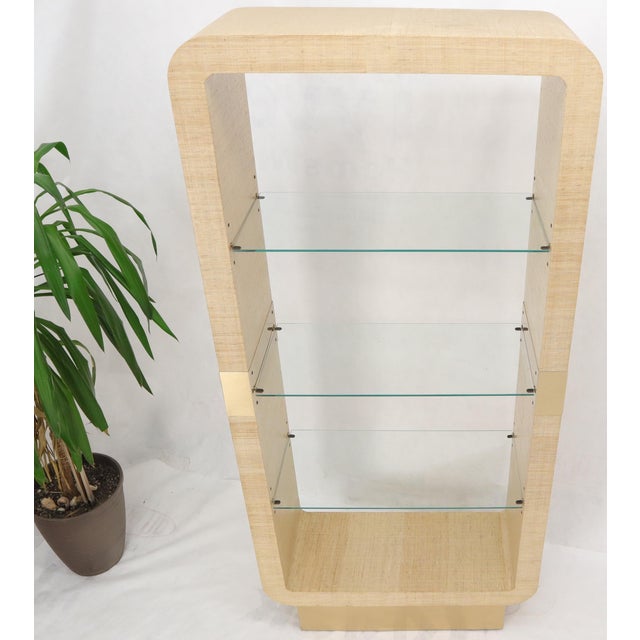 Raffia Cloth Finished Rounded Angles Étagère Display Unit Glass Shelves For Sale - Image 6 of 12