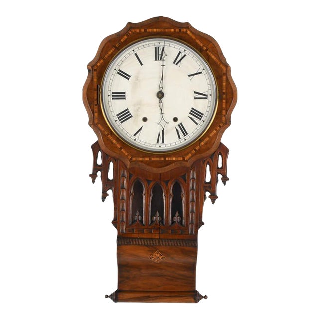 Antique Walnut and Marquetry Inlaid Drop Dial Wall Clock For Sale