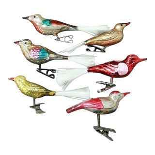 Vintage Colorful Mercury Glass Vintage Clip-On Bird Ornaments- Set of 6 For Sale