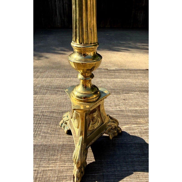 Gold Antique Church Altar Brass Mary Joseph Jesus 12" Fluted Stem Tripod Candlestick For Sale - Image 8 of 10