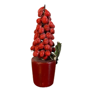 Antique Early 20th Century German Christmas Ornament Paint Decorated Red Holly Berry Topiary Tree in Carved Wood Pot