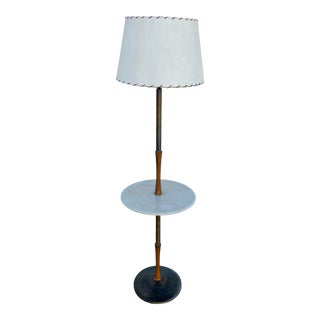 Mid Century Modern Floor Lamp With Travertine Shelf and Original Shade For Sale