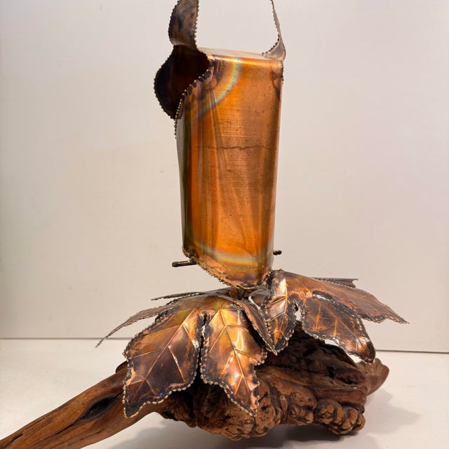1970s 1970s Brutalist Copper Metal Owl Sculpture Perched on Driftwood With Leaves For Sale - Image 5 of 11