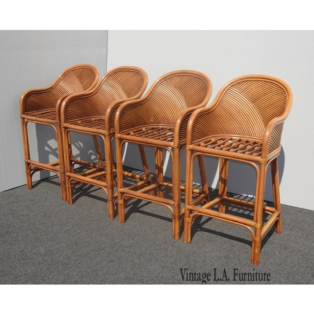Set Four Tiki Palm Beach Style Bamboo Rattan Bar Stools W Green Cushion French Chairish