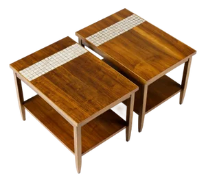 Mid Century Vintage Attributed to Lane Monte Carlo Walnut Rectangular End Tables — Tile Top Inlay — Pair