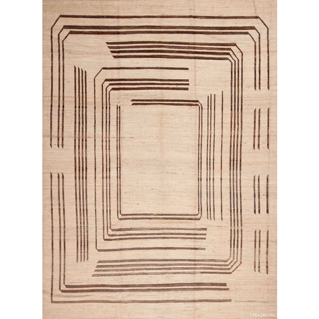 Ivory Cream and Brown Geometric Square Pattern Modern Room Size Rug For Sale