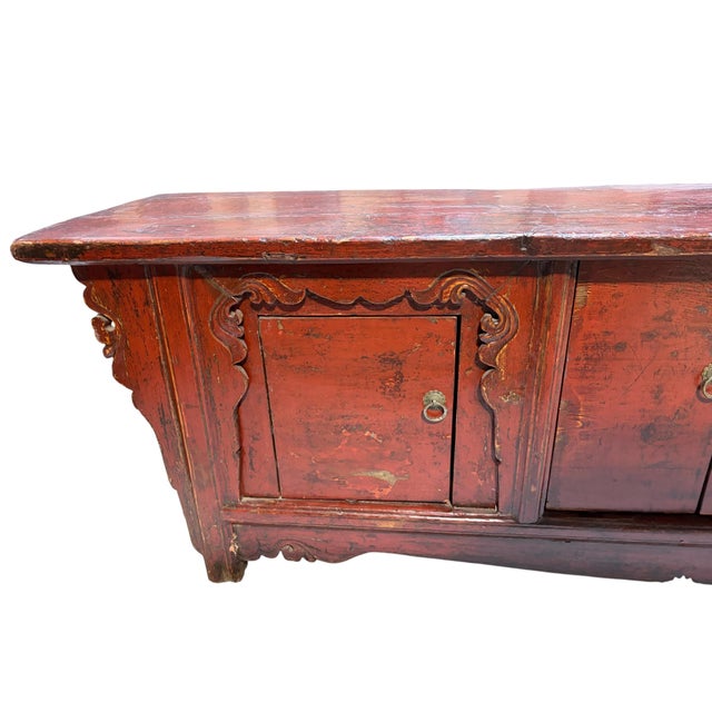 Brick Red Old Chinoiserie Altar Low Cabinet With Solid Wood 71" W For Sale - Image 8 of 9