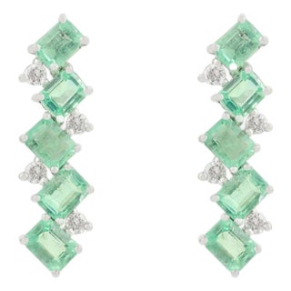 14k Gold Statement Drop Earrings Studded With Emeralds & Diamonds- A Pair For Sale