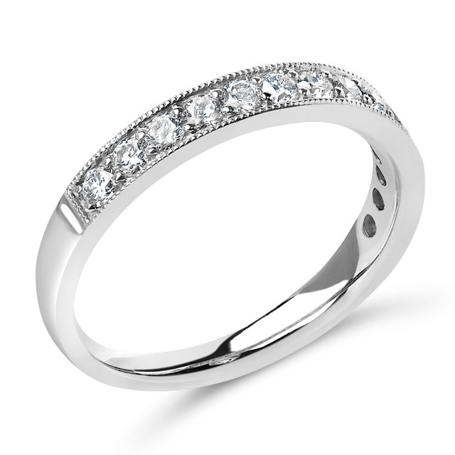 Contemporary 14K White Gold 1/2 Cttw Round Diamond Milgrain Wedding Band For Sale - Image 3 of 7