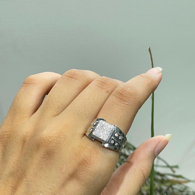 Not Yet Made - Made To Order Modernist Heavy Sterling Silver Unisex Wide Band Ring With Round Pavé Moissanite Size 8 For Sale - Image 5 of 15