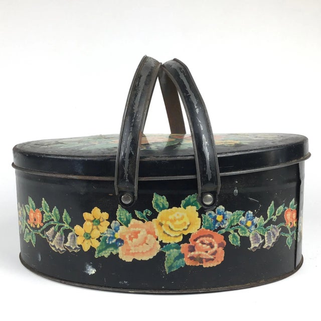 Rustic Antique Toile Transfer-Ware Covered Tin Basket For Sale - Image 3 of 13