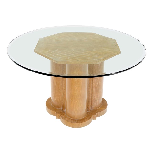 Cerused Oak Triple Cylinder Base 52" Round Glass Top Dining Conference Table For Sale