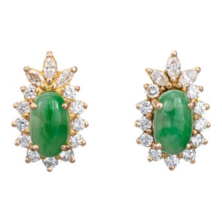 Vintage Jade Diamond 14k Yellow Gold Stud Earrings - 2 Pieces For Sale