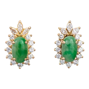 Vintage Jade Diamond 14k Yellow Gold Stud Earrings - 2 Pieces
