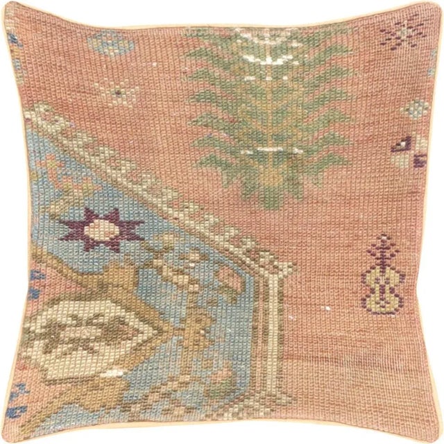 1960s Turkish Oushak Pillow. Hand sewn with fragments of Turkish hand made Oushak wool carpets. Fiber fill. 522175