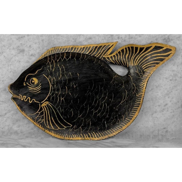 Folk Art Antique Coastal Folk Art Black Lacquered Wood Fish Serving Platter - 22" For Sale - Image 3 of 9