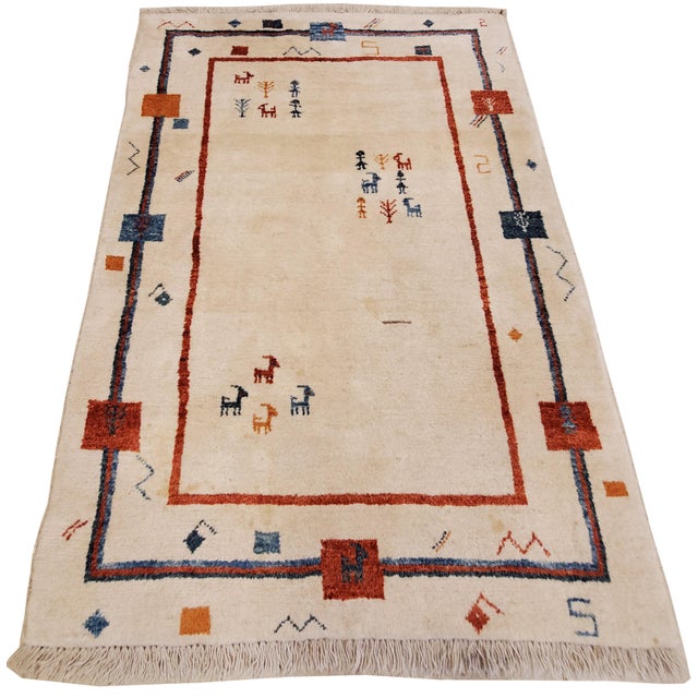 Vintage Persian Gabbeh Rug, Handmade Oriental Rug, Creamy Ivory, Cool boarder For Sale - Image 17 of 18