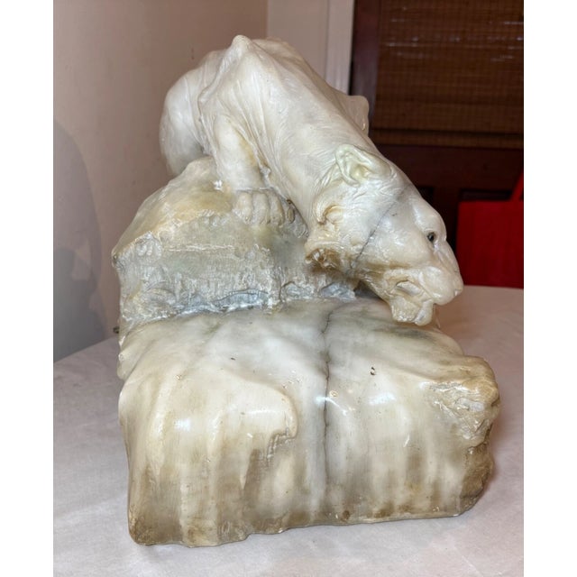 1910s Huge Antique Hand Carved Alabaster Stone Big Tiger Cat Lamp Sculpture Statue For Sale - Image 9 of 14