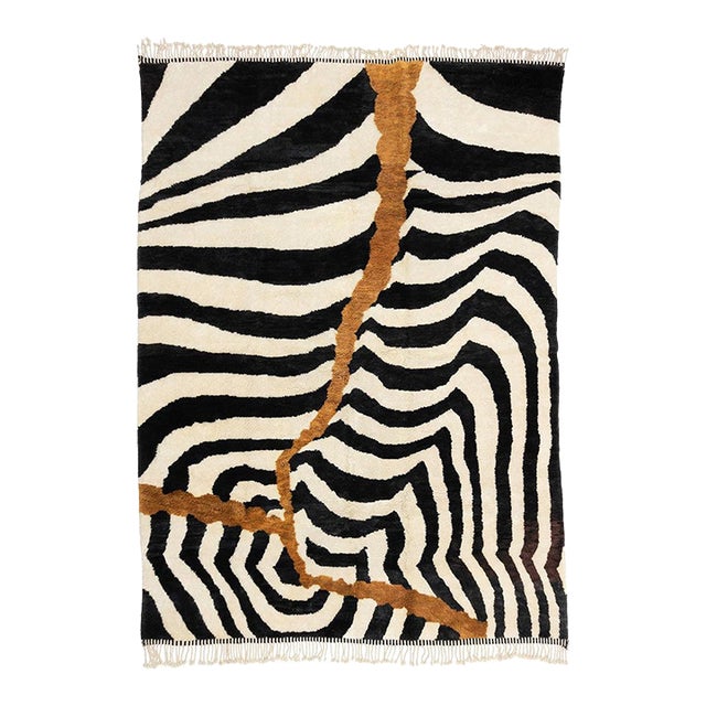 Bold Zebra Stripe Abstract Hand-Knotted Wool Rug | 13'7" X 9'8" | One of a Kind For Sale