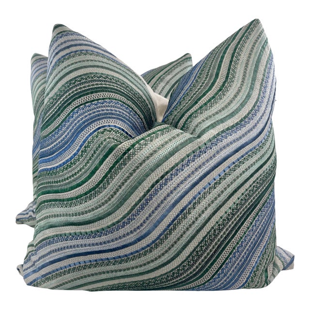 Lee Jofa "Water Stripe" in Juniper/Lake 22" Pillows-A Pair For Sale