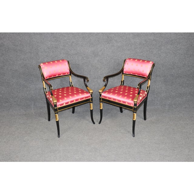 Pair of Hollywood Regency Style Ebonized & Gilt Armchairs by Karges For Sale In Philadelphia - Image 6 of 14