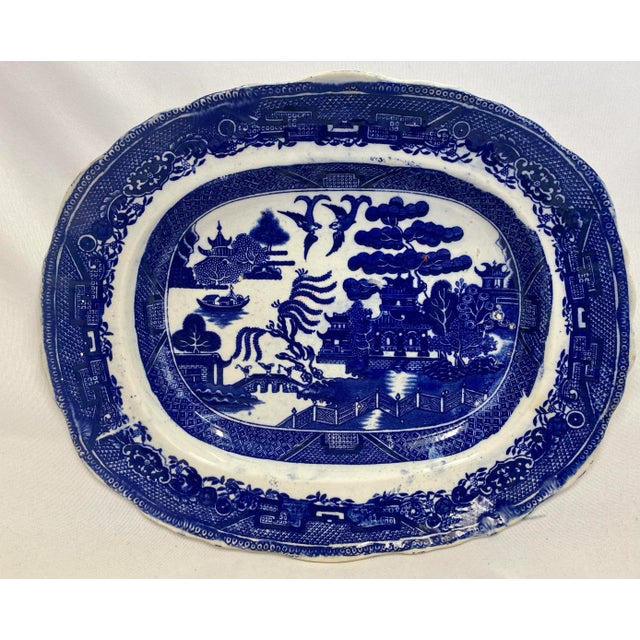 Antique Blue Willow Serving Platter With Unique Scalloped Rim Made in England - Circa 19th Century For Sale - Image 12 of 12