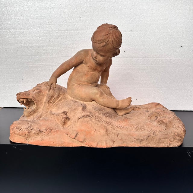 1920s Léon Dufrène, Nude, Putto on a Lion's Skin, 1900s, Terracotta For Sale - Image 5 of 18