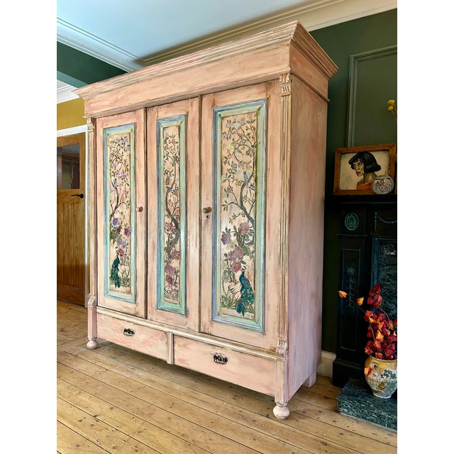 Large Vintage Painted Pine Wardrobe with Chinoiserie Panels, 1940s For Sale - Image 11 of 11