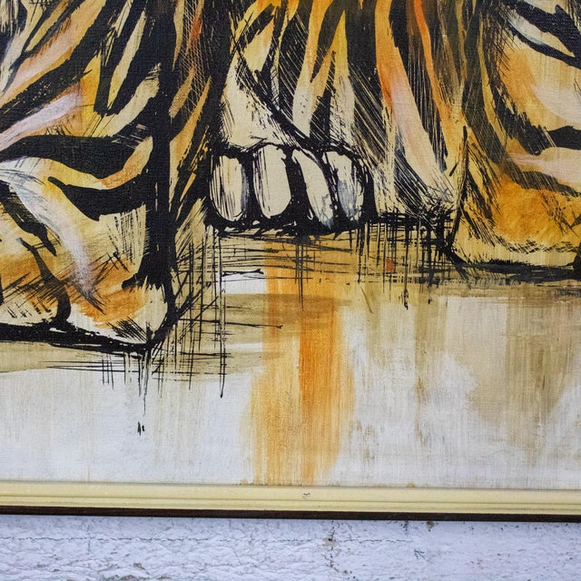 Mid-20th Century Mid-Century Modern Large Resting Tiger Canvas Painting by Pettersen Black and Gold Frame For Sale - Image 17 of 18