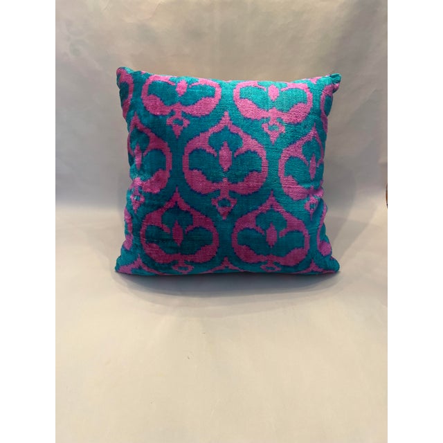 Contemporary Pink & Blue Turkish Silk Velvet Pillow 20x20 For Sale - Image 3 of 3