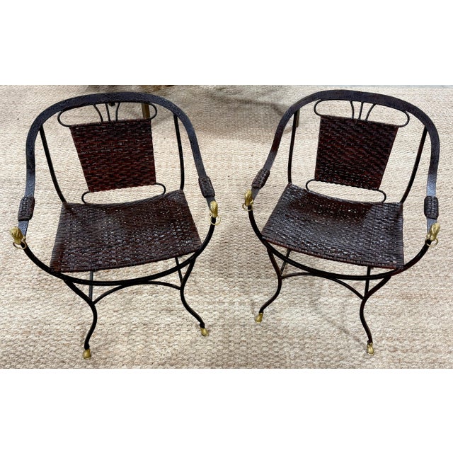 Neoclassical Pair Maison Jansen Style Equestrian Curule Chairs with Gilt Horse Heads For Sale - Image 3 of 10