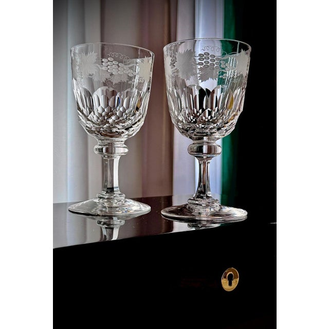 Antique Engraved Glass Claret Jug with Crystal Wine Goblets, 1890s, Set of 3 For Sale - Image 16 of 18