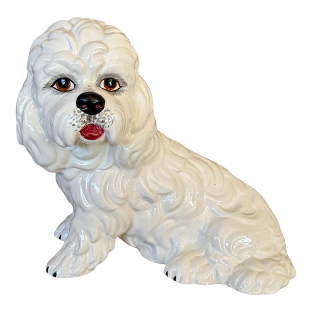 Vintage Italian Glazed Ceramic White Dog Figurine For Sale